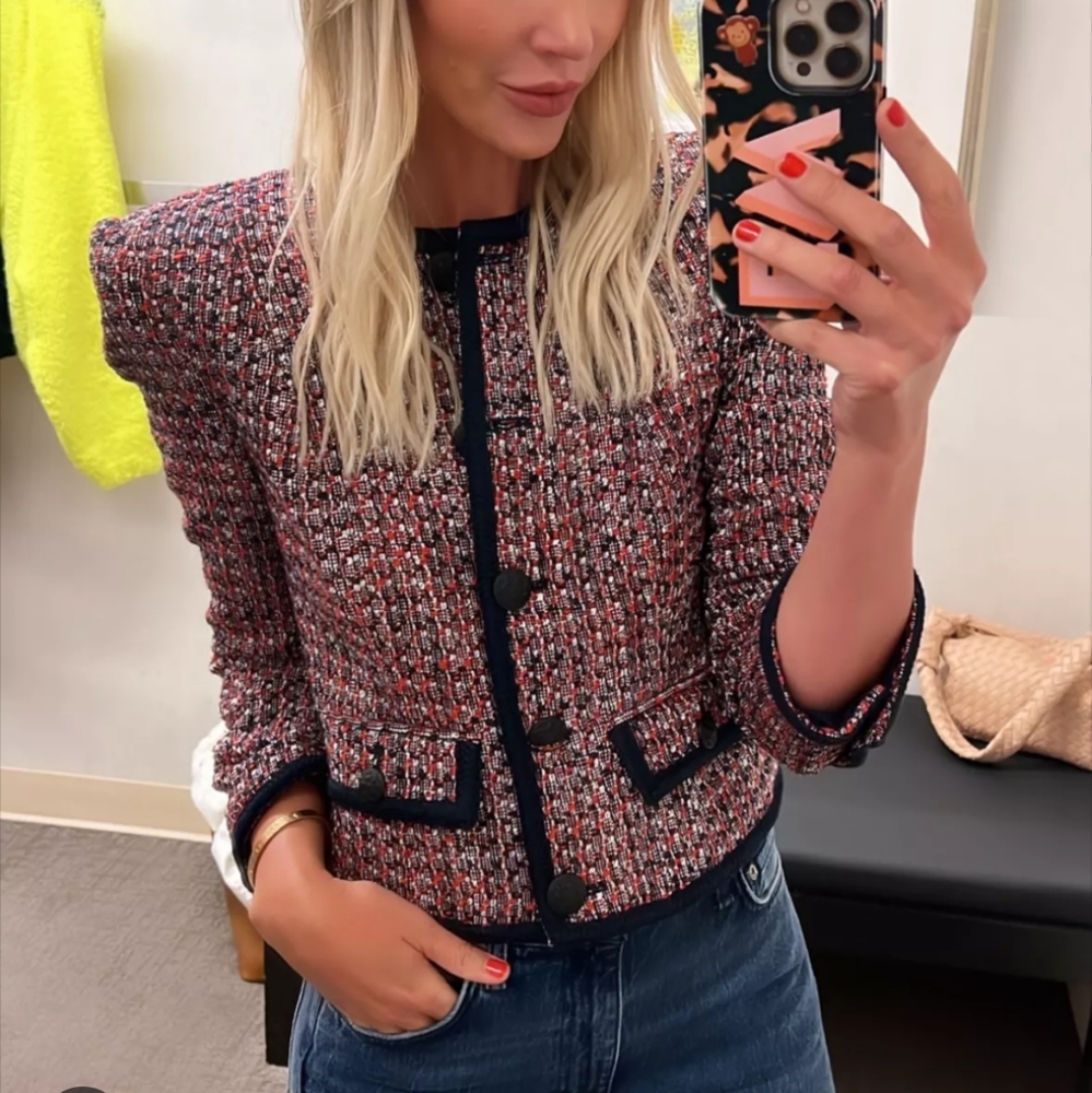 VERONICA BEARD Ceres Metallic Tweed Jacket Red Navy Size 12